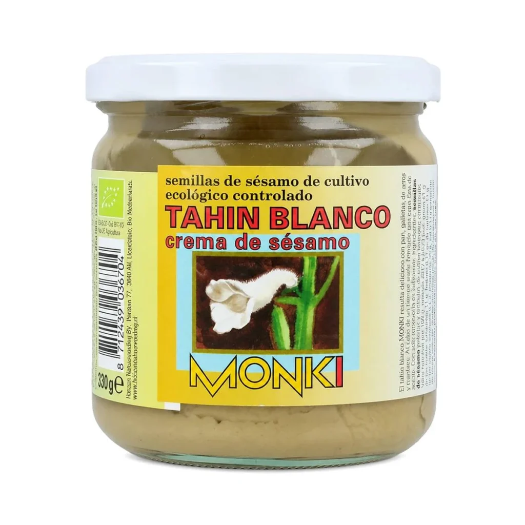 tarro de cristal de tahín blanco, crema de sésamo crudo ecológica monki