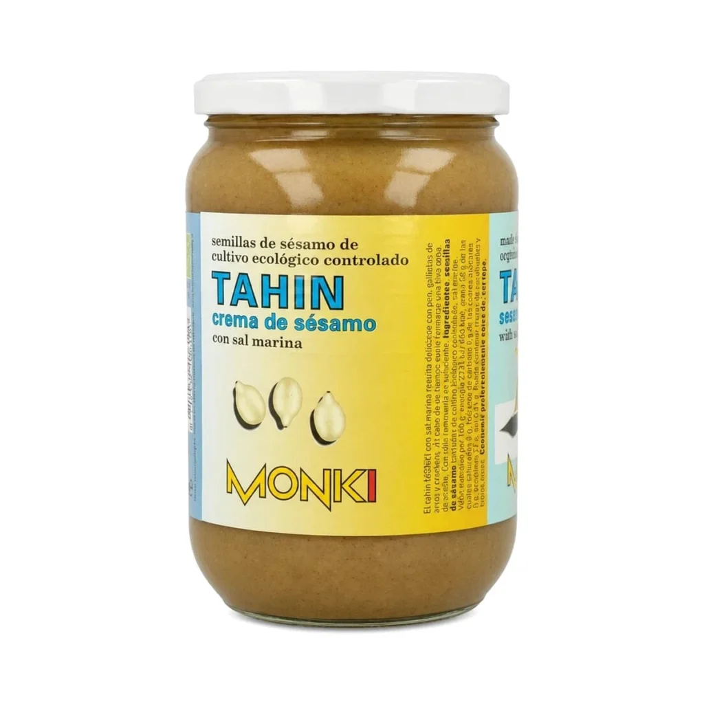 tarro de cristal de tahín, crema de sésamo tostado con sal marina en formato grande ecológica monki