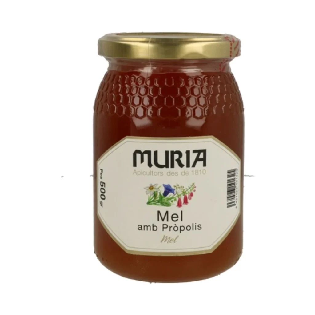 tarro de cristal de miel de mil flores con propóleo 500 g muria