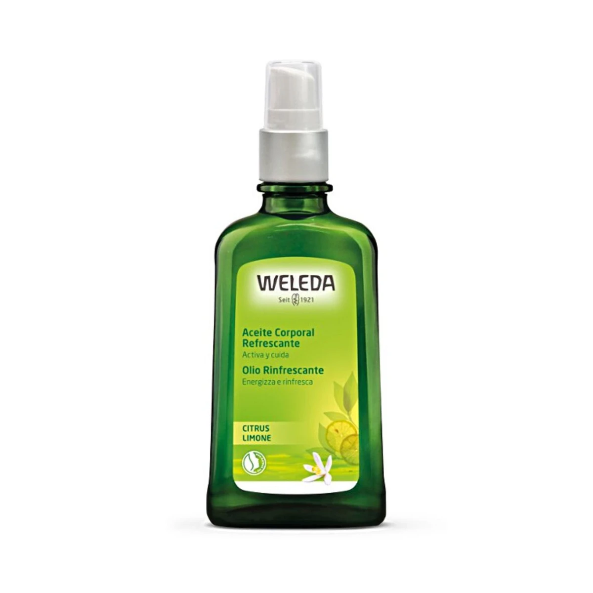 frasco de cristal verde con dosificador de aceite citrus para el cuerpo de weleda