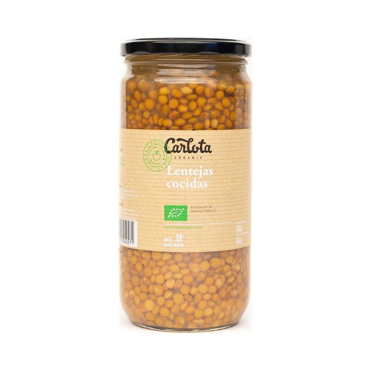 tarro de cristal de lentejas cocidas ecológicas carlota organic 720 g