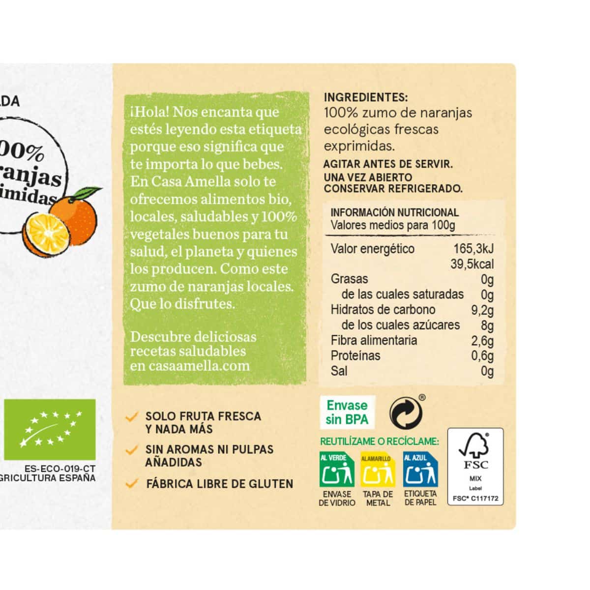 Información nutricional, Zumo de Naranja 750 ml BIO