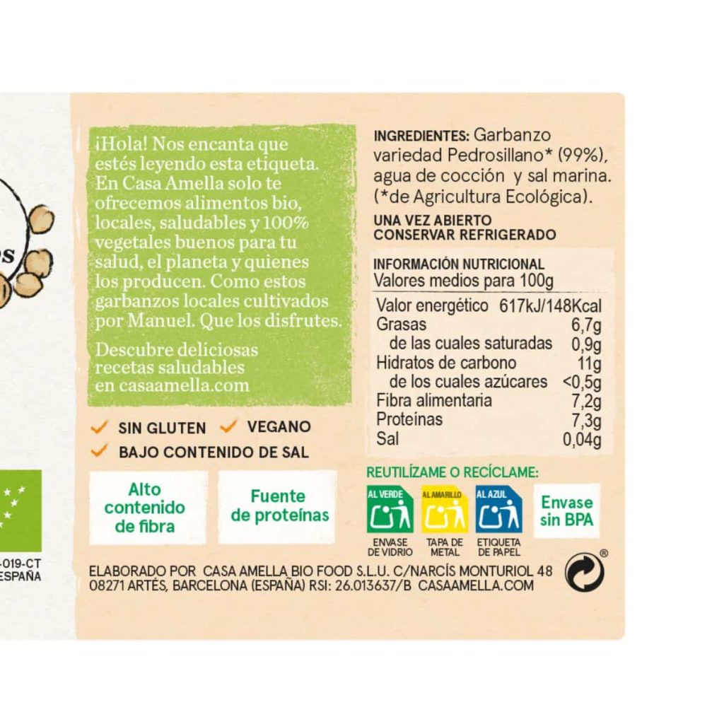 Valor nutricional, Garbanzo Pedrosillano Cocido 330 g BIO