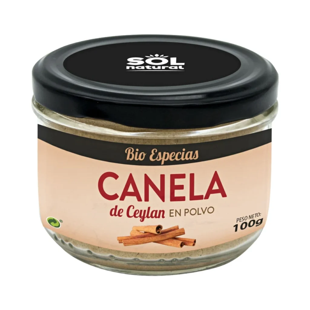 tarro de cristal de canela de ceilán en polvo ecológica sol natural bio especias 100 g