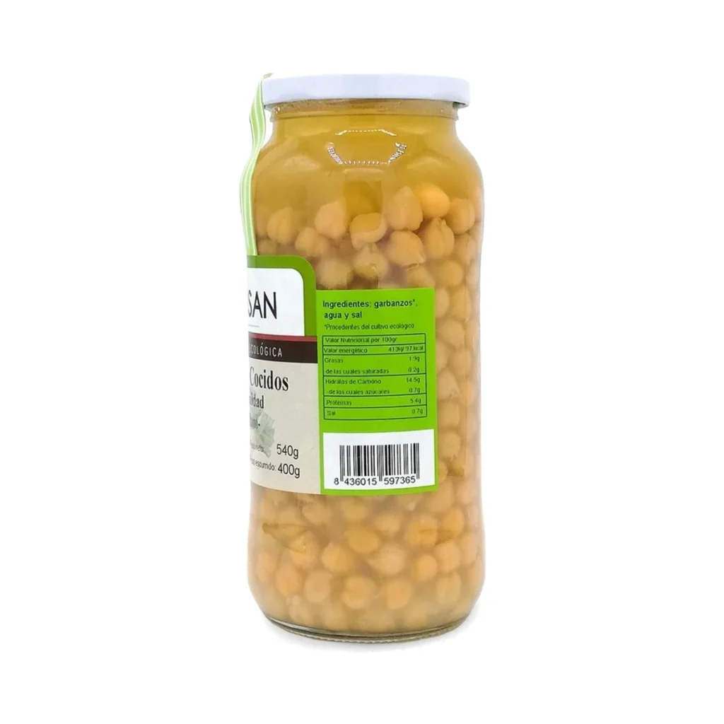 lateral del frasco de cristal de garbanzos cocidos 400 g bio de bionsan