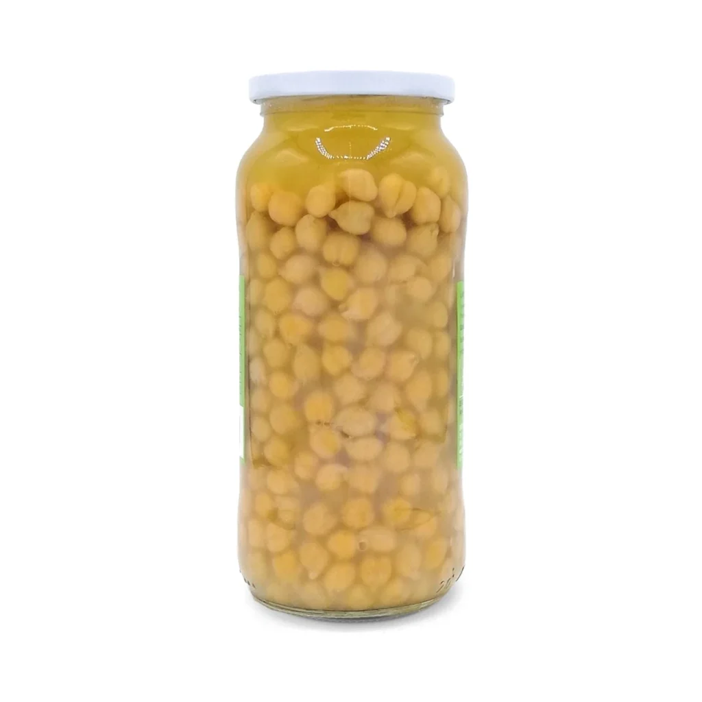 detalle del frasco de cristal de garbanzos cocidos 400 g bio de bionsan