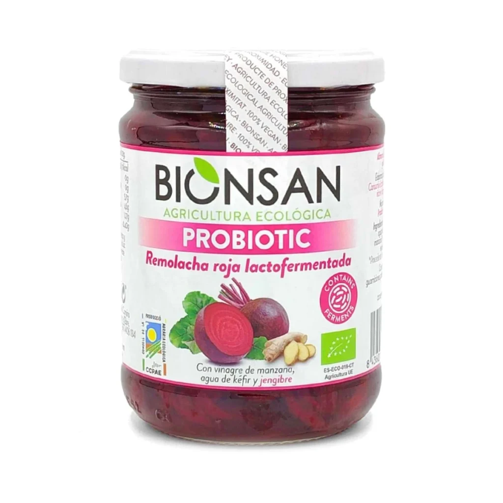 tarro de cristal de remolacha roja lactofermentada con jengibre ecológico bionsan 420 g