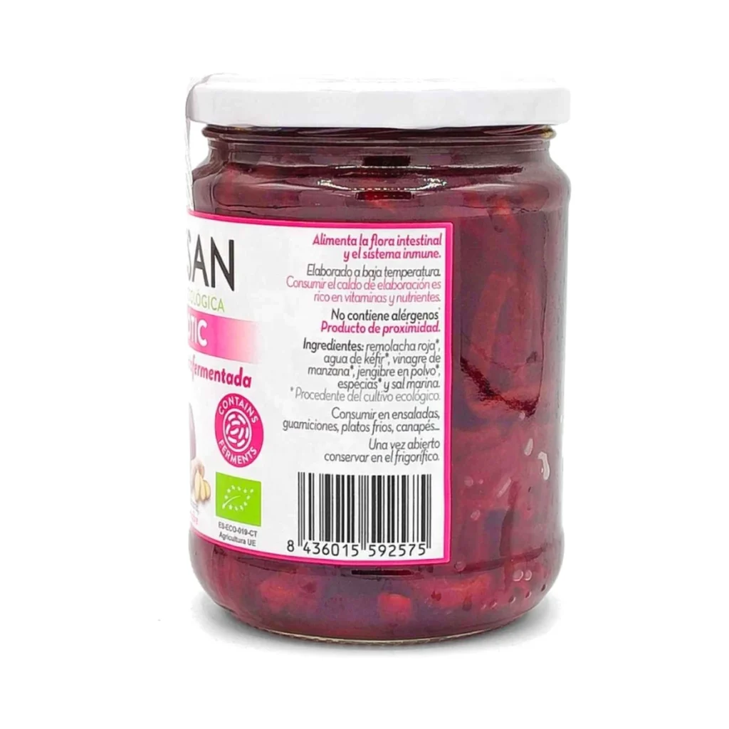 lateral del tarro de remolacha roja lactofermentada con jengibre bionsan con ingredientes y código de barras