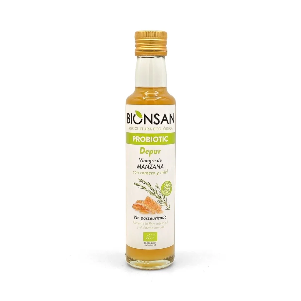 botella de cristal de vinagre de manzana con miel y romero ecológico sin pasteurizar bionsan 250 ml