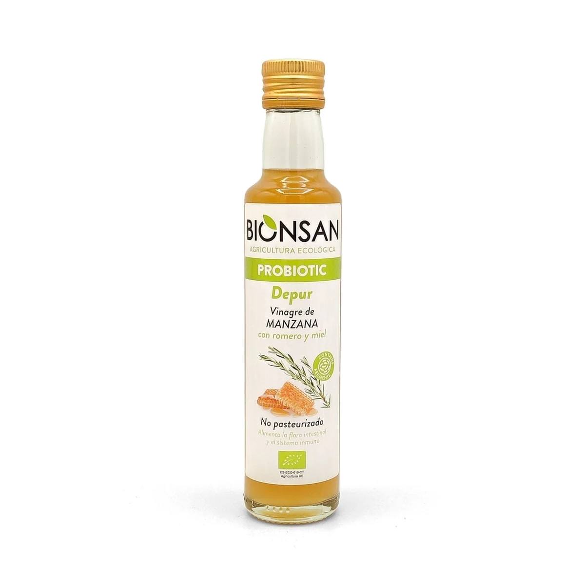botella de cristal de vinagre de manzana con miel y romero ecológico sin pasteurizar bionsan 250 ml