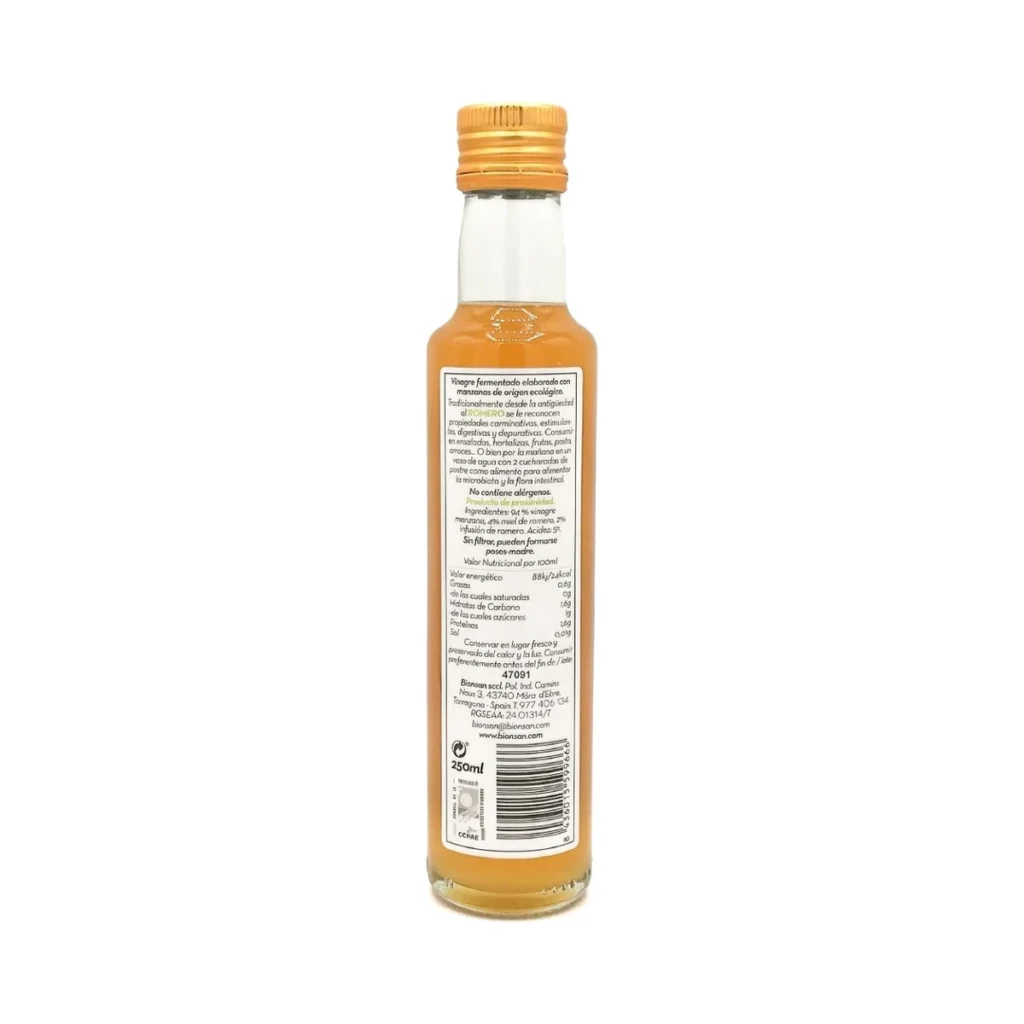 reverso de la botella de vinagre de manzana con miel y romero bionsan con ingredientes e información nutricional