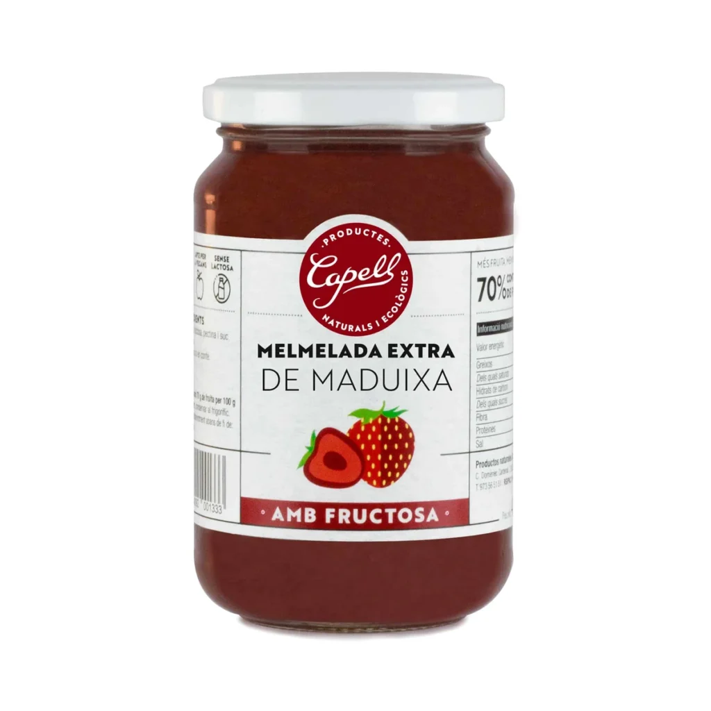 frasco de cristal de mermelada de fresa con fructosa 400 g de capell