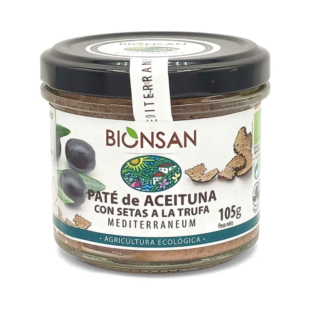 frasco de cristal de paté de aceitunas y setas a la trufa de bionsan