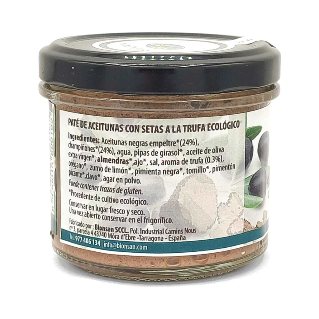 lateral del frasco de cristal de paté de aceitunas y setas a la trufa de bionsan con la etiqueta