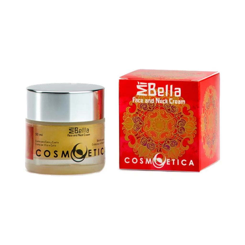 tarro de cristal de crema de cara y cuello bio mi bella de cosmoetica de 50 ml junto a su caja roja