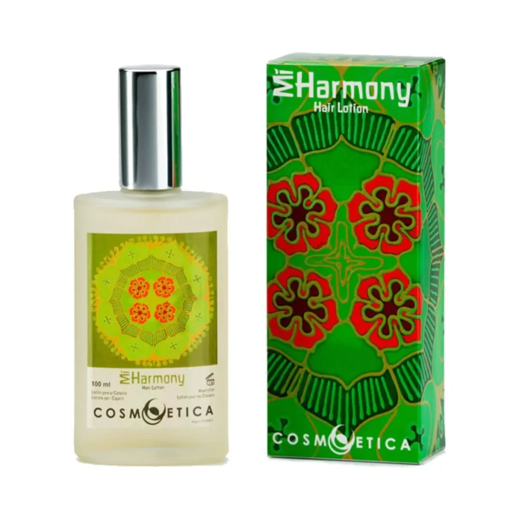 loción capilar bio mi harmony de cosmoetica en frasco de cristal de 100 ml junto a su caja verde