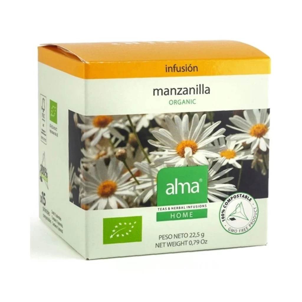 caja de infusión de manzanilla ecológica alma home, 15 pirámides