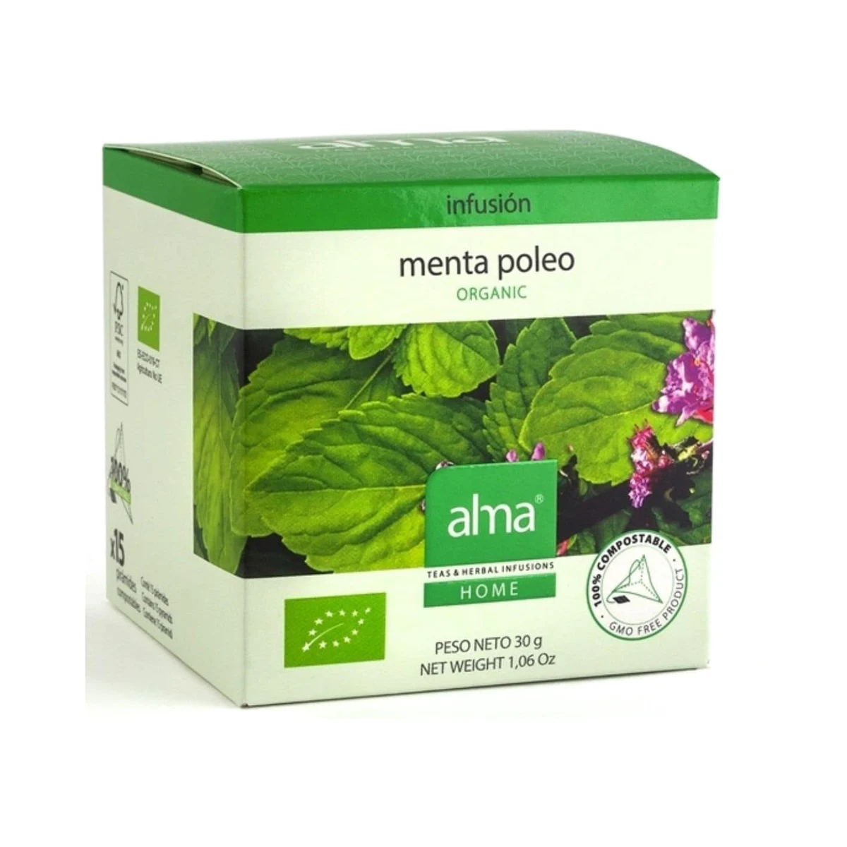 caja de infusión de menta poleo ecológica alma home, 15 pirámides