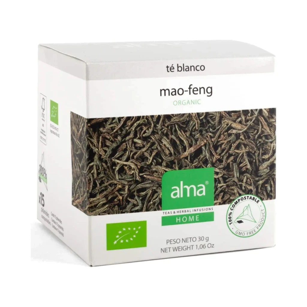 caja de té blanco mao feng ecológica alma home, 15 pirámides