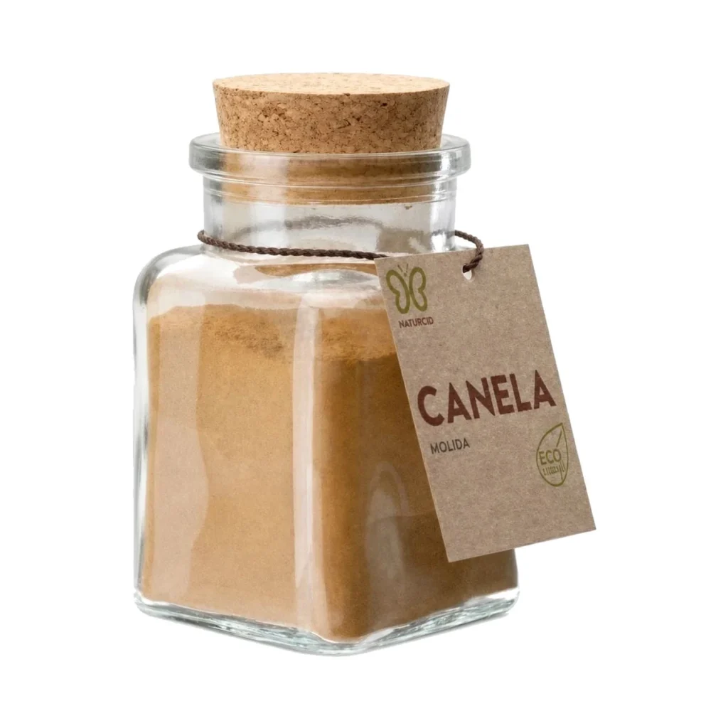 tarro de cristal con tapón de corcho de canela de ceilán molida ecológica naturcid