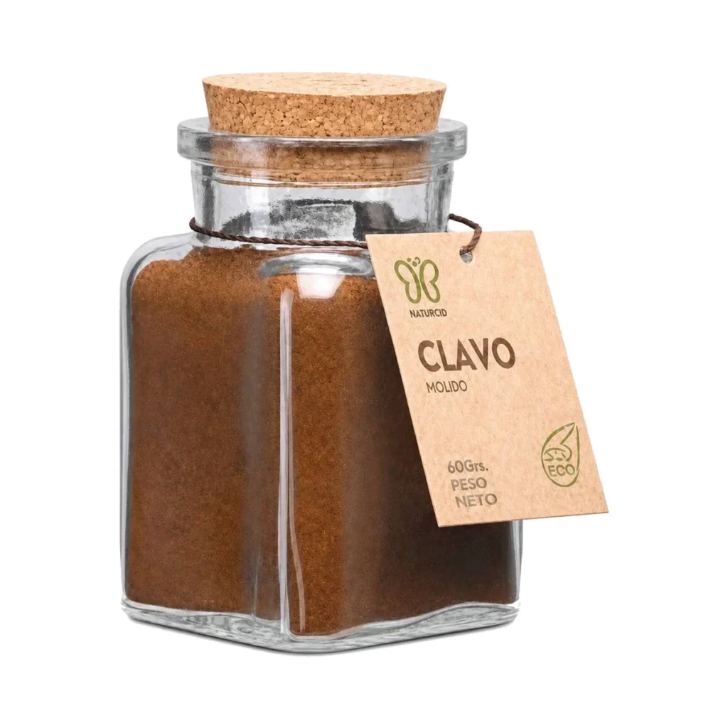 tarro de cristal con tapón de corcho de clavo molido ecológico naturcid