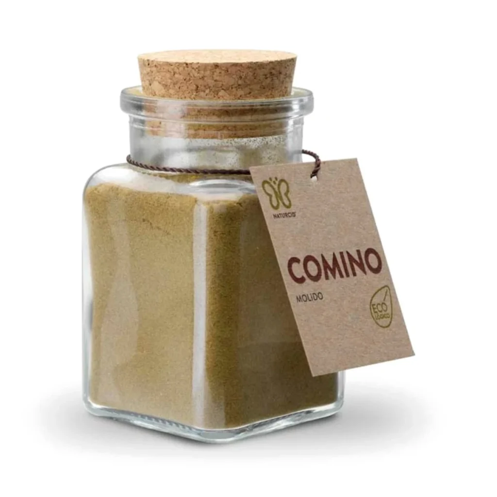 tarro de cristal con tapón de corcho de comino molido ecológico naturcid