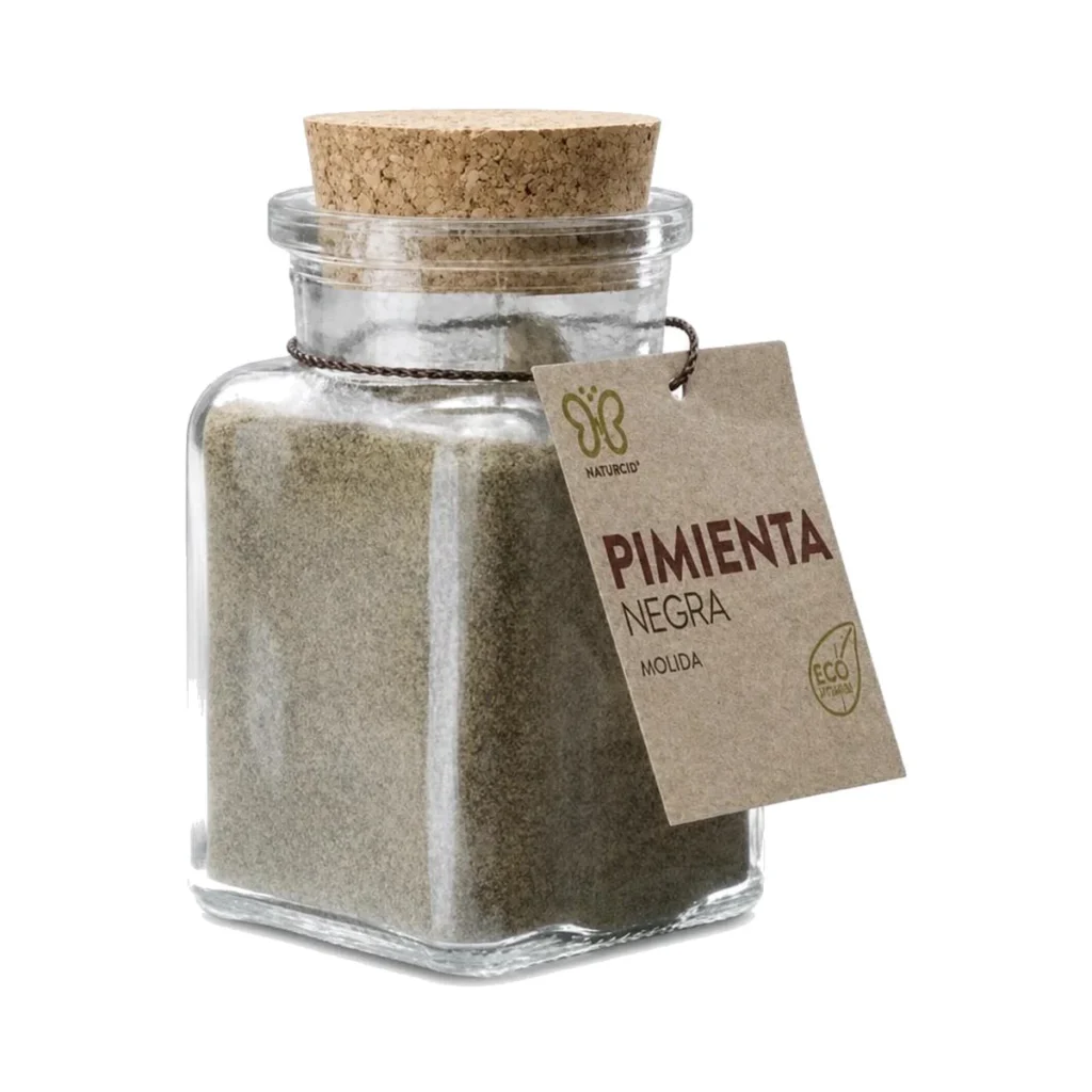 tarro de cristal con tapón de corcho de pimienta negra molida ecológica naturcid