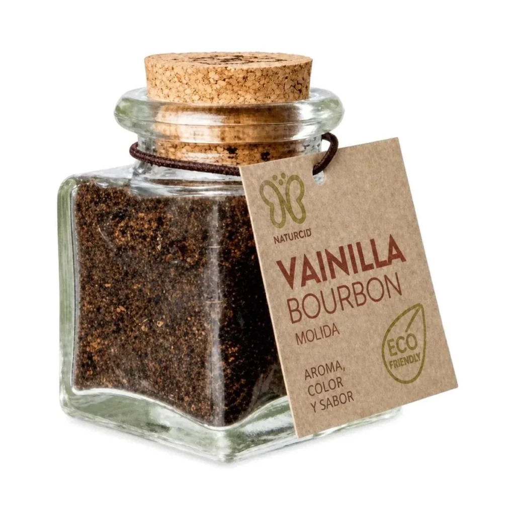tarro de cristal con tapón de corcho de vainilla bourbon molida ecológica naturcid