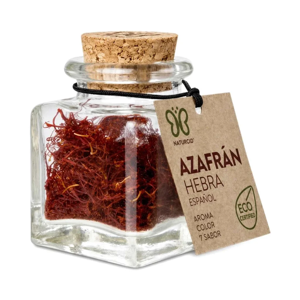 tarro de cristal con tapón de corcho de azafrán en hebra ecológico naturcid