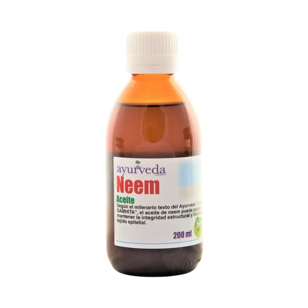 frasco de cristal ámbar de aceite de neem ayurvédico de ayurveda auténtico