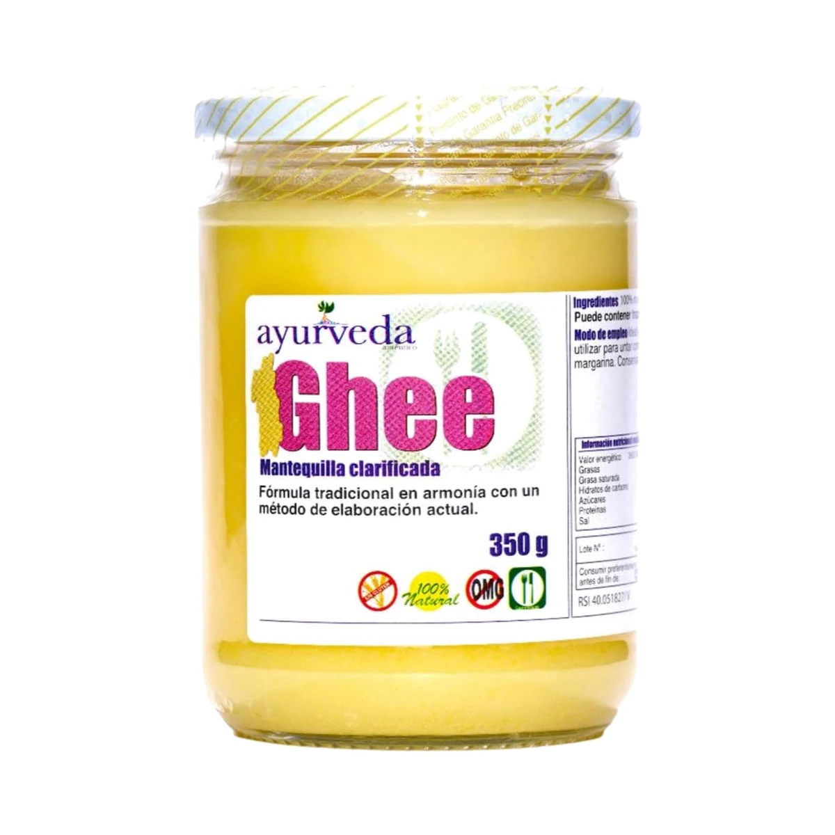 tarro de cristal de mantequilla ghee 350 g de ayurveda auténtico