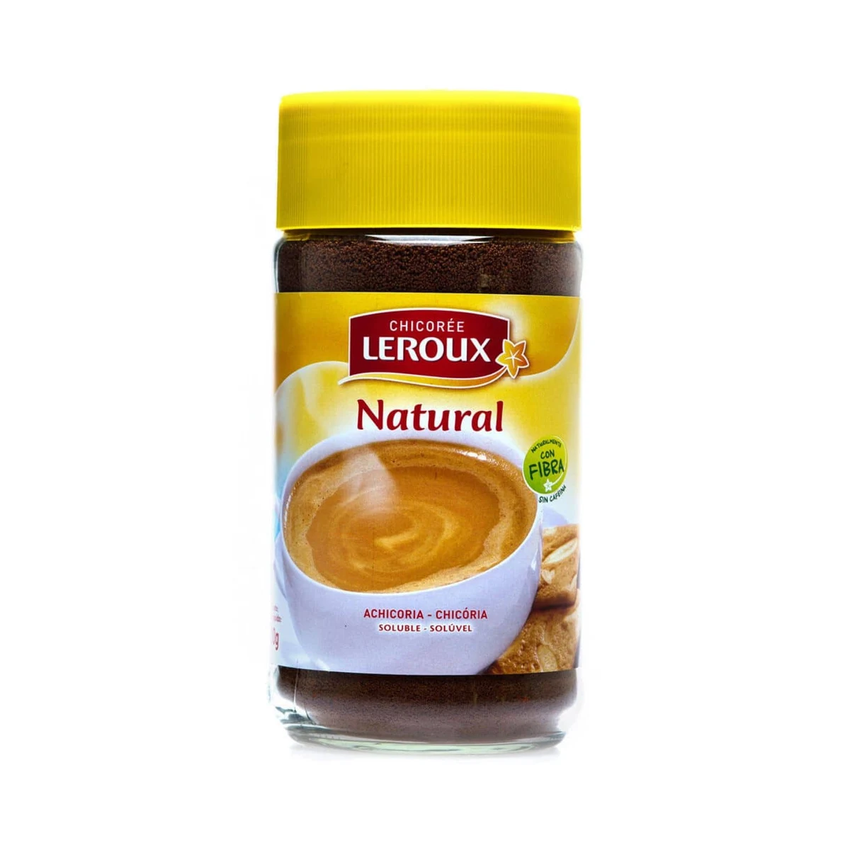 tarro de cristal de achicoria soluble natural leroux con tapa amarilla
