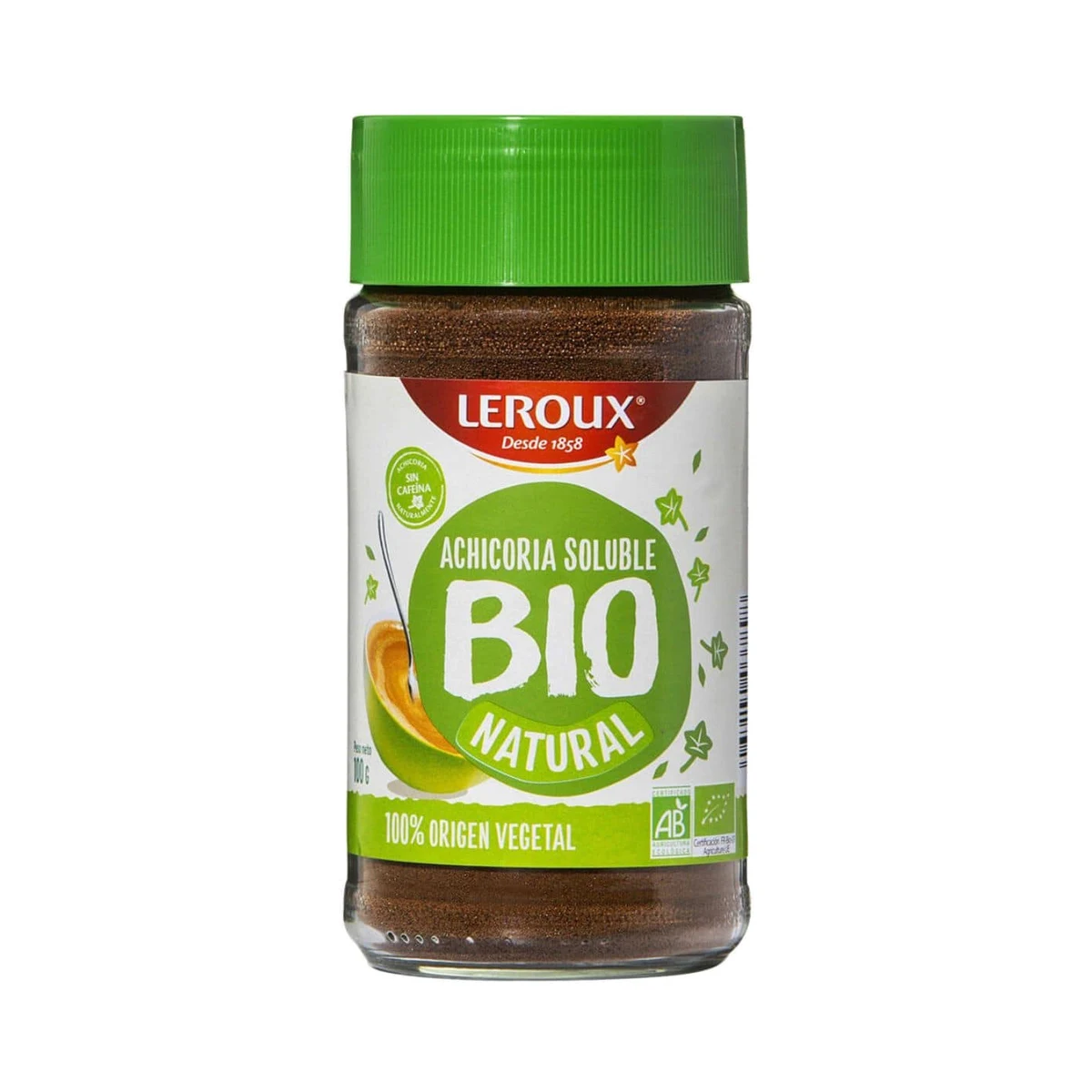 tarro de cristal de achicoria soluble ecológica leroux con tapa verde
