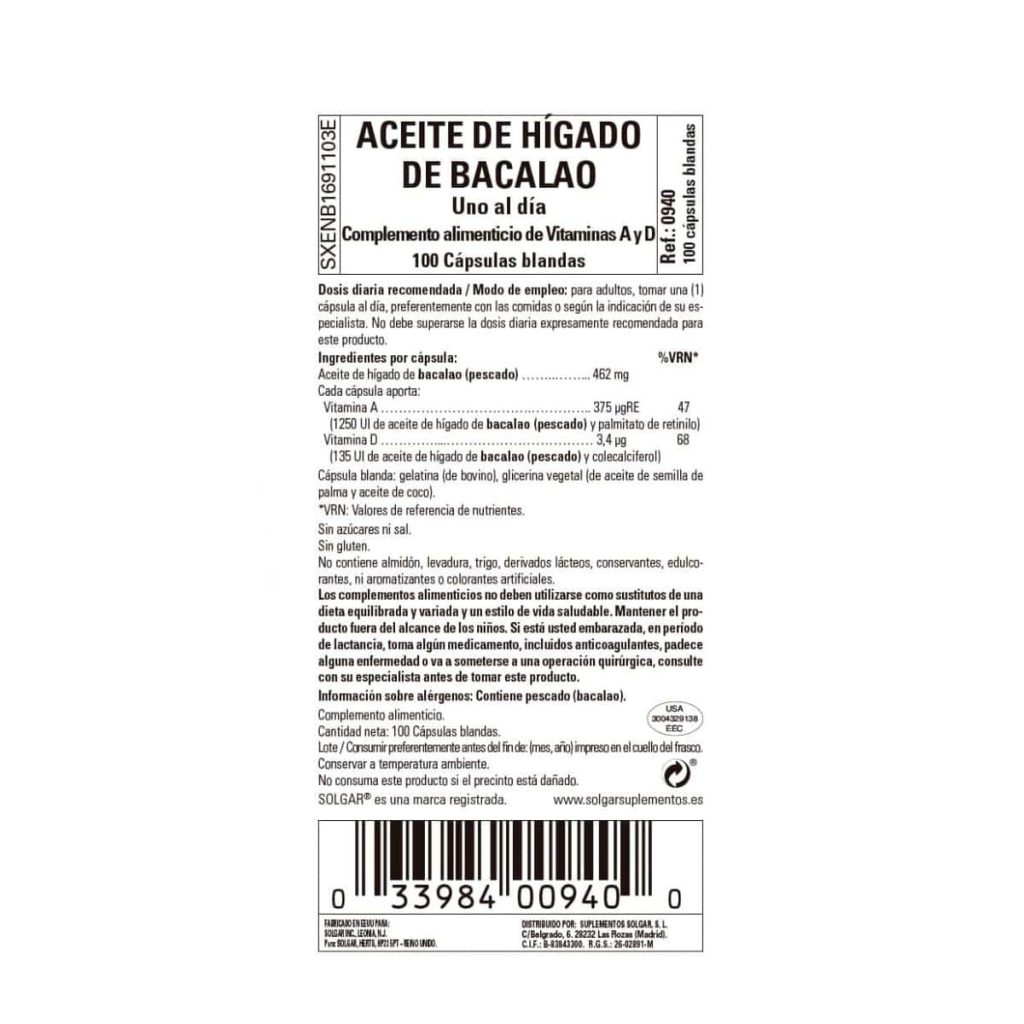Aceite de Hígado de Bacalao - 100 Cápsulas Blandas detalle 1