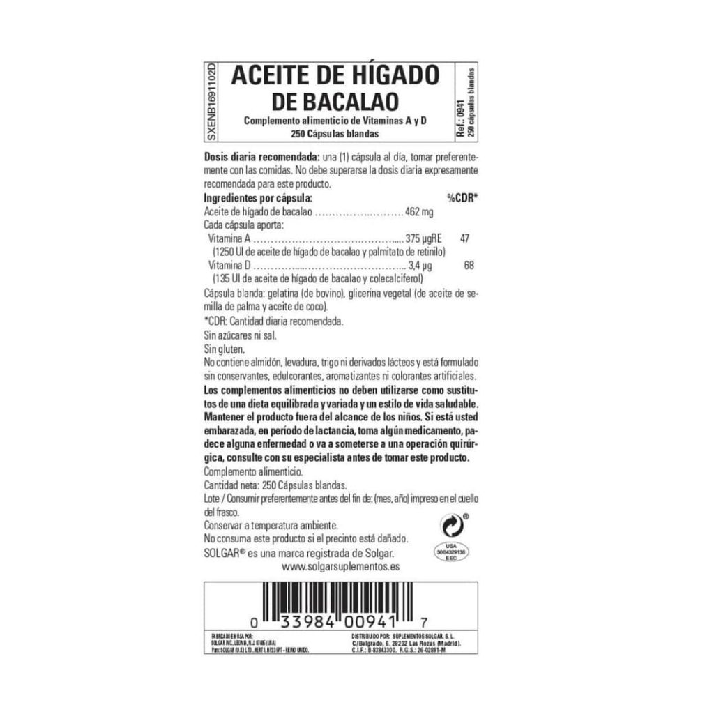 Aceite de Hígado de Bacalao - 250 Cápsulas Blandas detalle 1