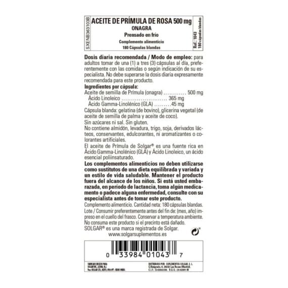 Aceite de Prímula Rosa 500 mg - 180 Perlas