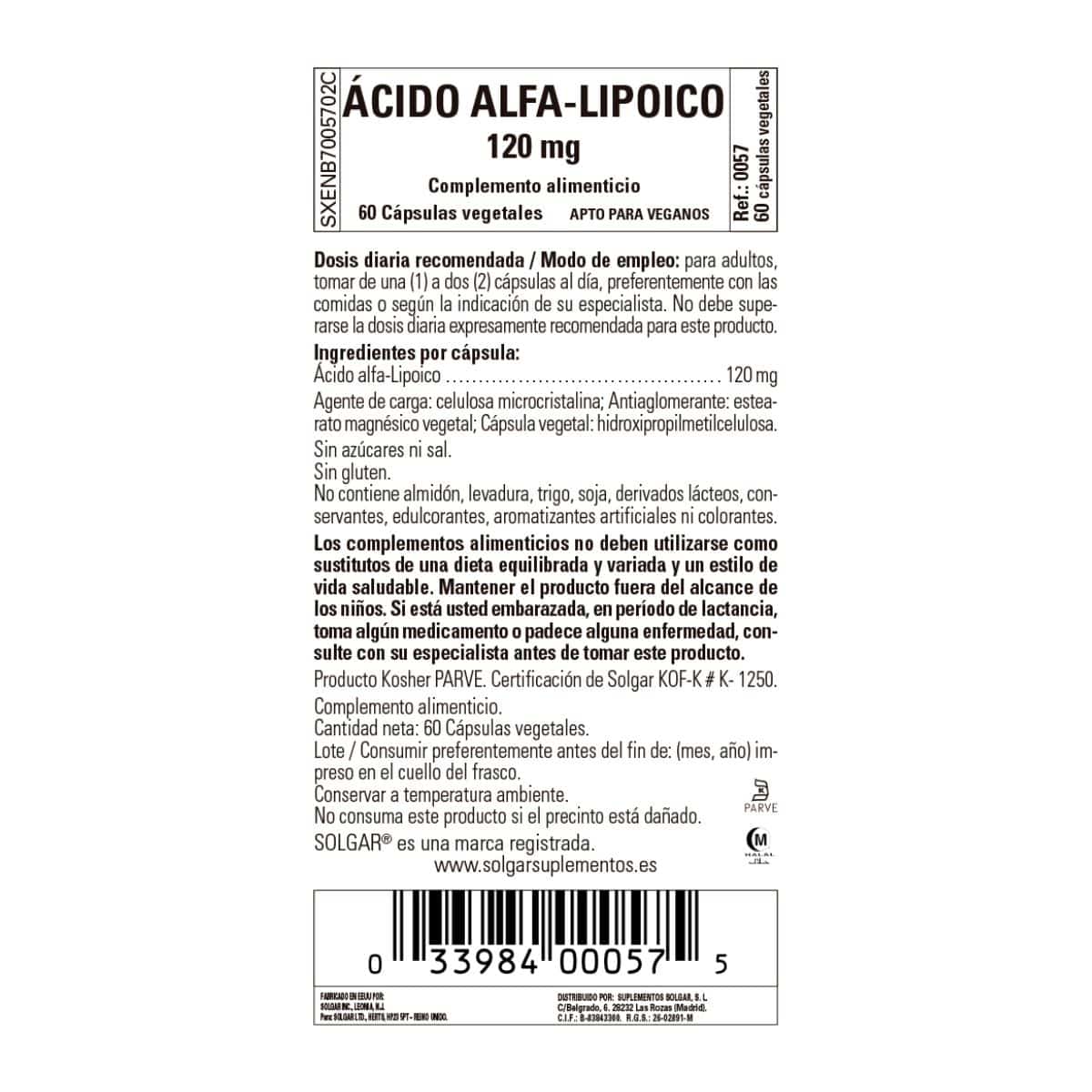 Ácido Alfalipoico 120 mg – 60 Cápsulas Veganas
