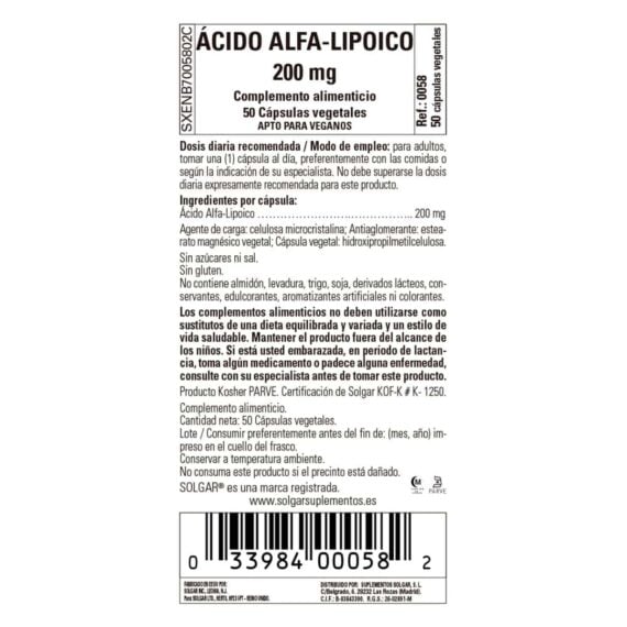 Ácido Alfalipoico 200 mg - 50 Cápsulas Veganas