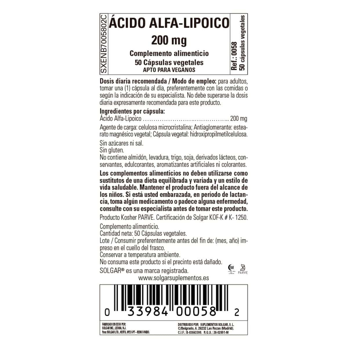 Ácido Alfalipoico 200 mg – 50 Cápsulas Veganas