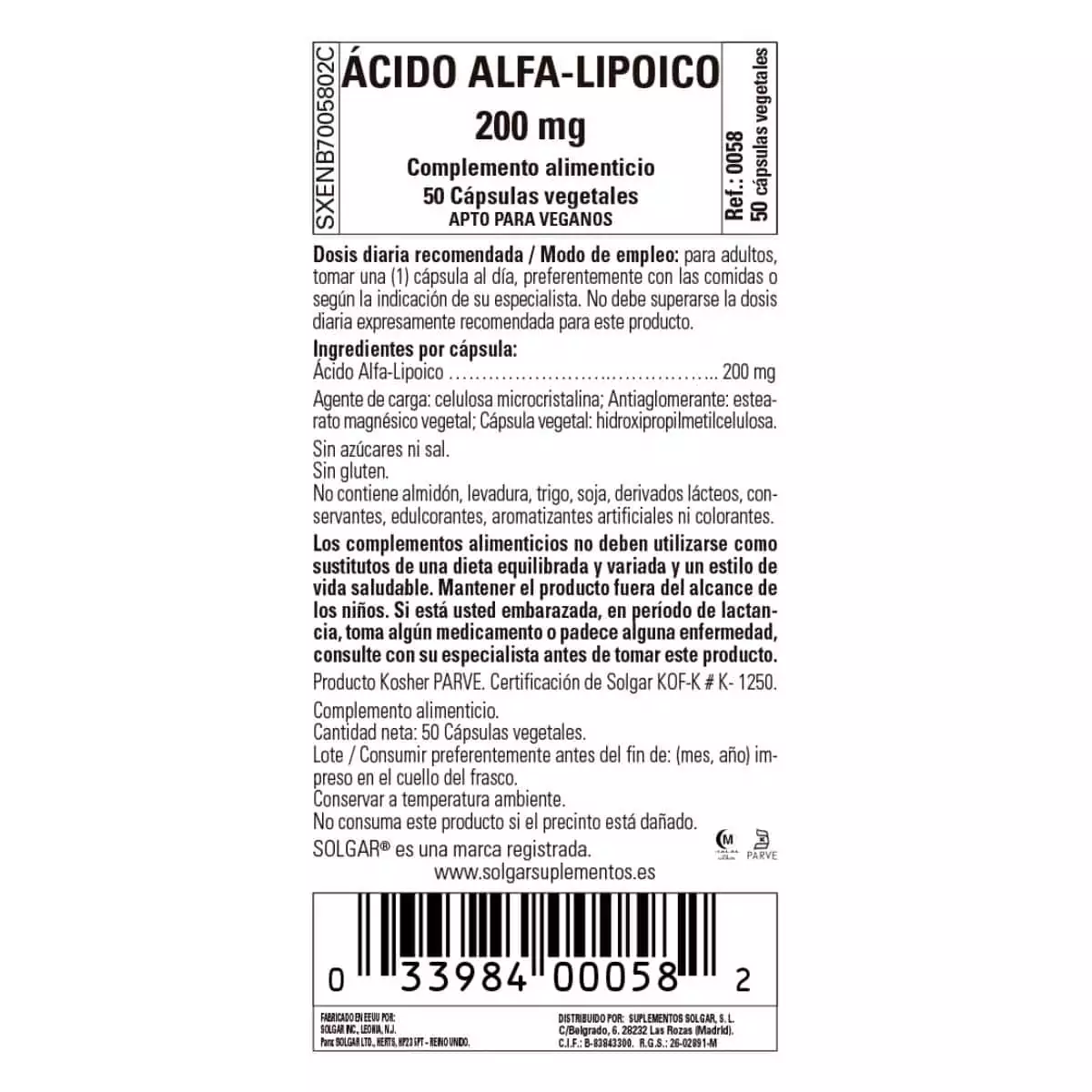 Ácido Alfalipoico 200 mg – 50 Cápsulas Veganas