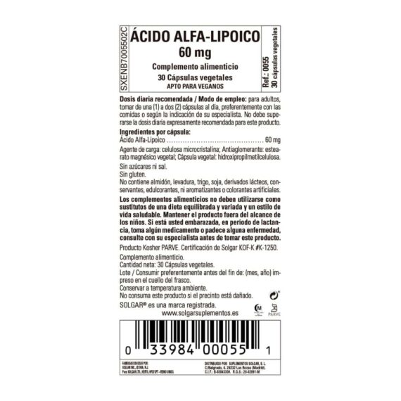 Ácido Alfalipoico 60 mg - 30 Cápsulas Veganas