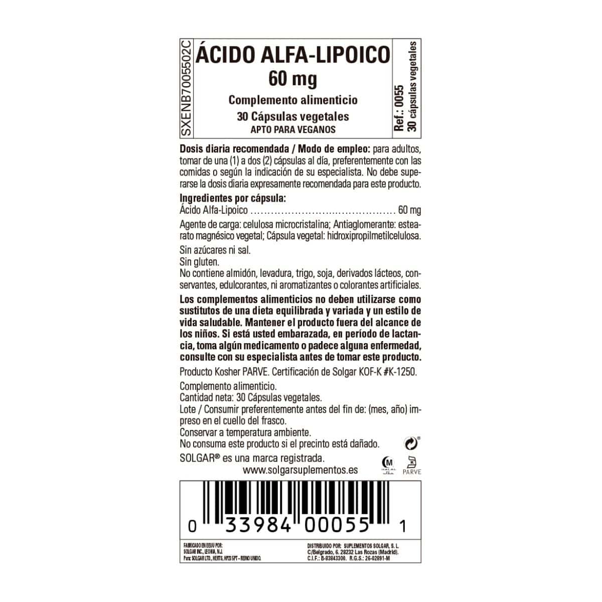 Ácido Alfalipoico 60 mg – 30 Cápsulas Veganas