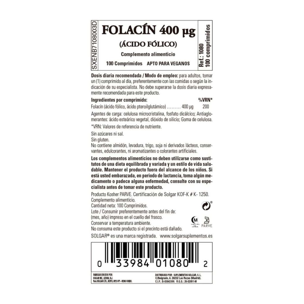 Ácido Fólico 400 mcg -Folacin- 100 Comprimidos detalle 1
