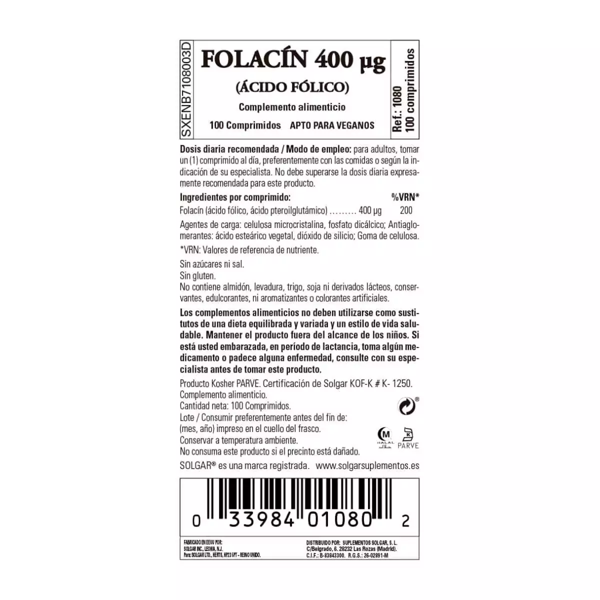 Ácido Fólico 400 mcg -Folacin- 100 Comprimidos