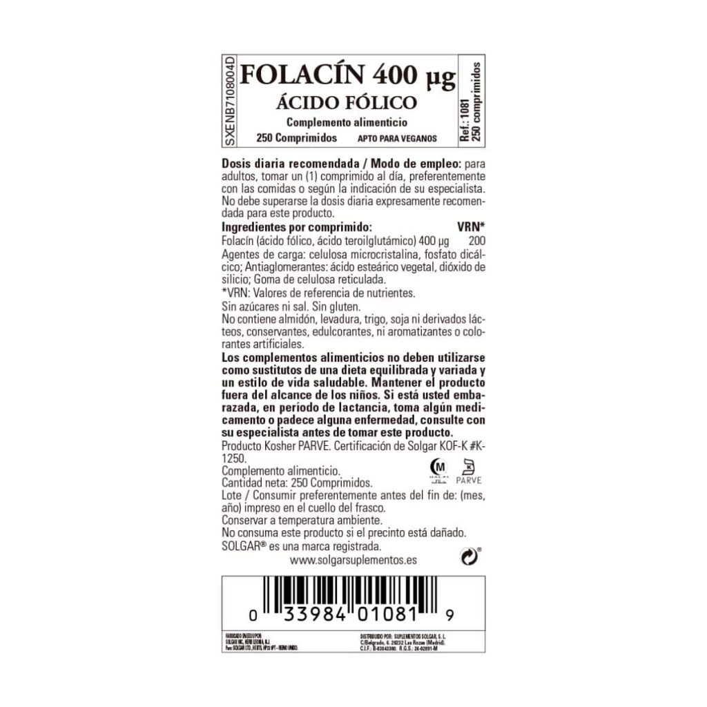 Ácido Fólico 400 mcg -Folacin- 250 Comprimidos detalle 1