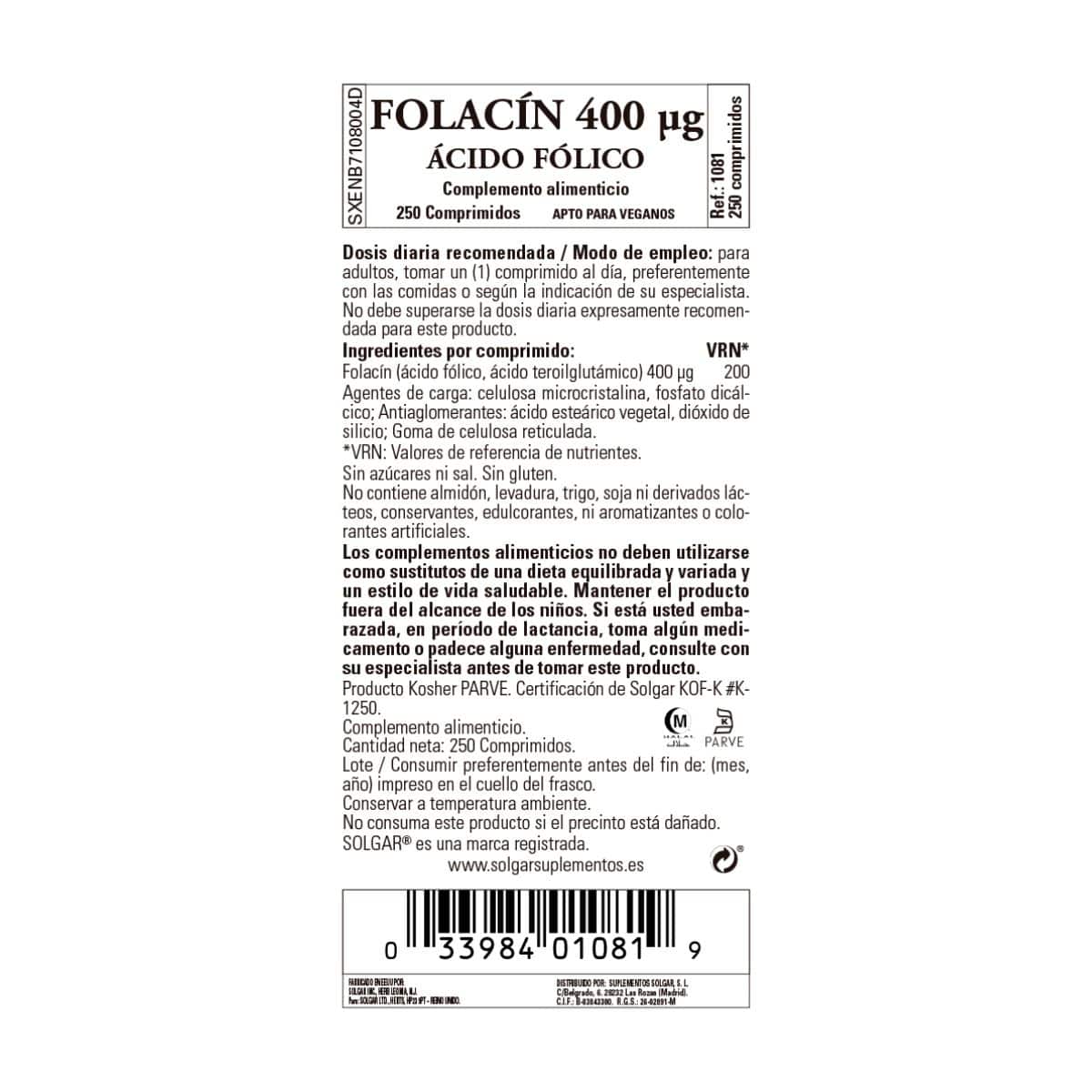 Ácido Fólico 400 mcg -Folacin- 250 Comprimidos
