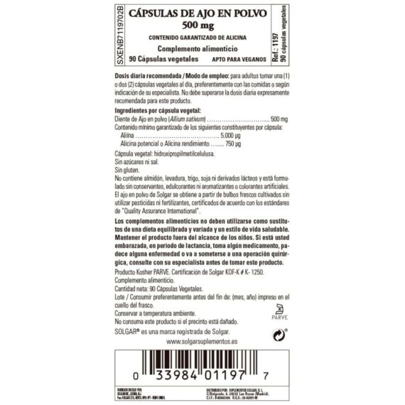 Ajo en Polvo 500 mg - 90 Cápsulas Veganas