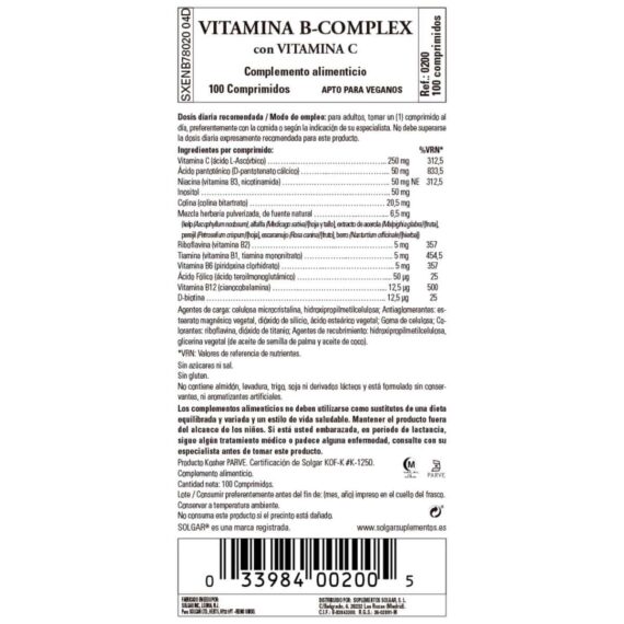 Vitamina B Complex con Vitamina C 100 Comprimidos Cero Residuo