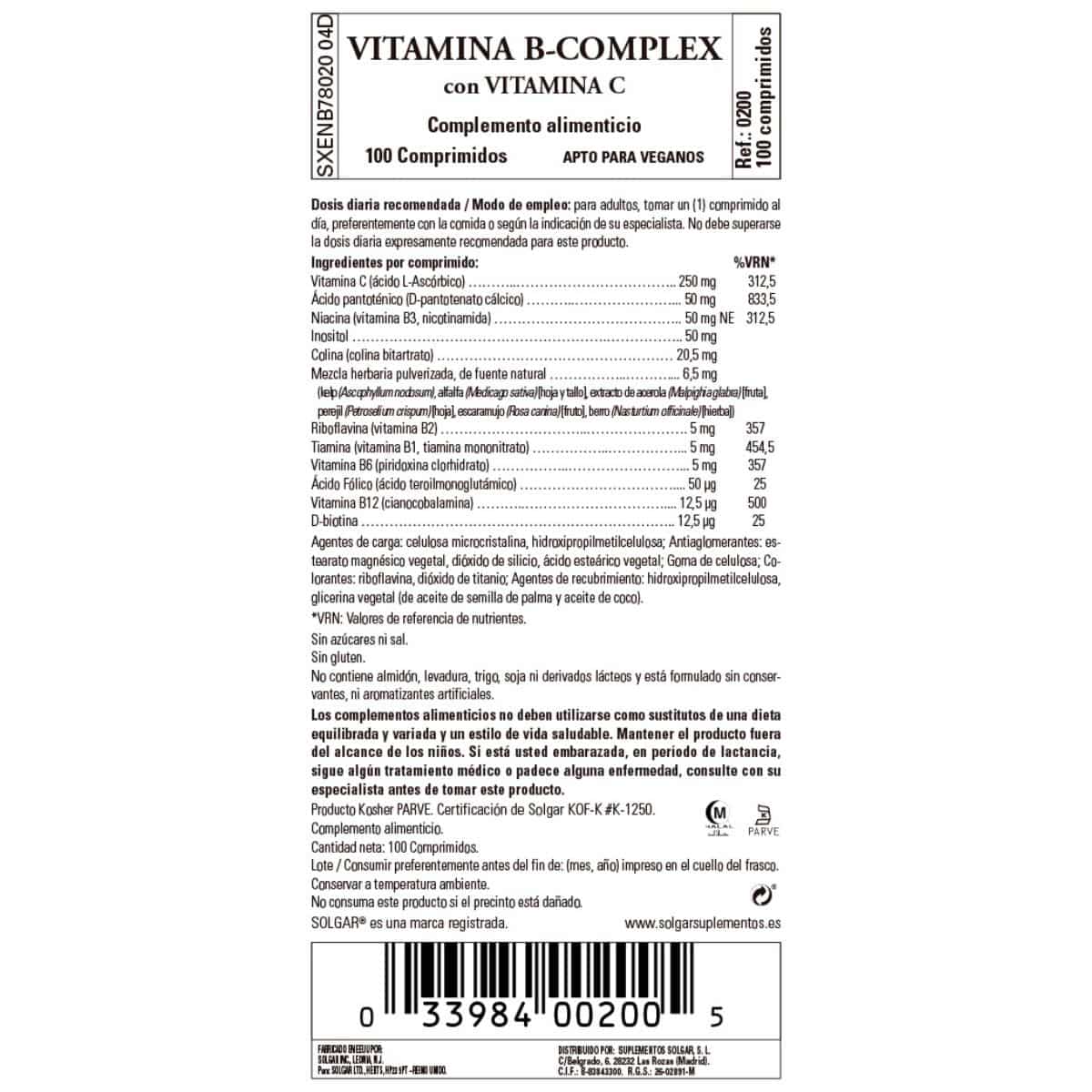 Vitamina B Complex con Vitamina C – 100 Comprimidos