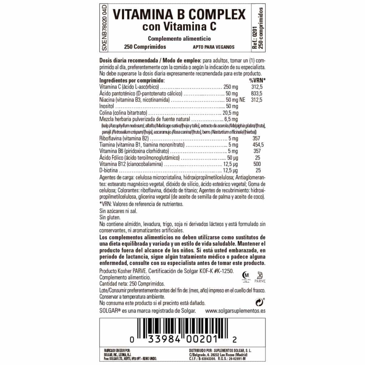 Vitamina B Complex con Vitamina C – 250 Comprimidos